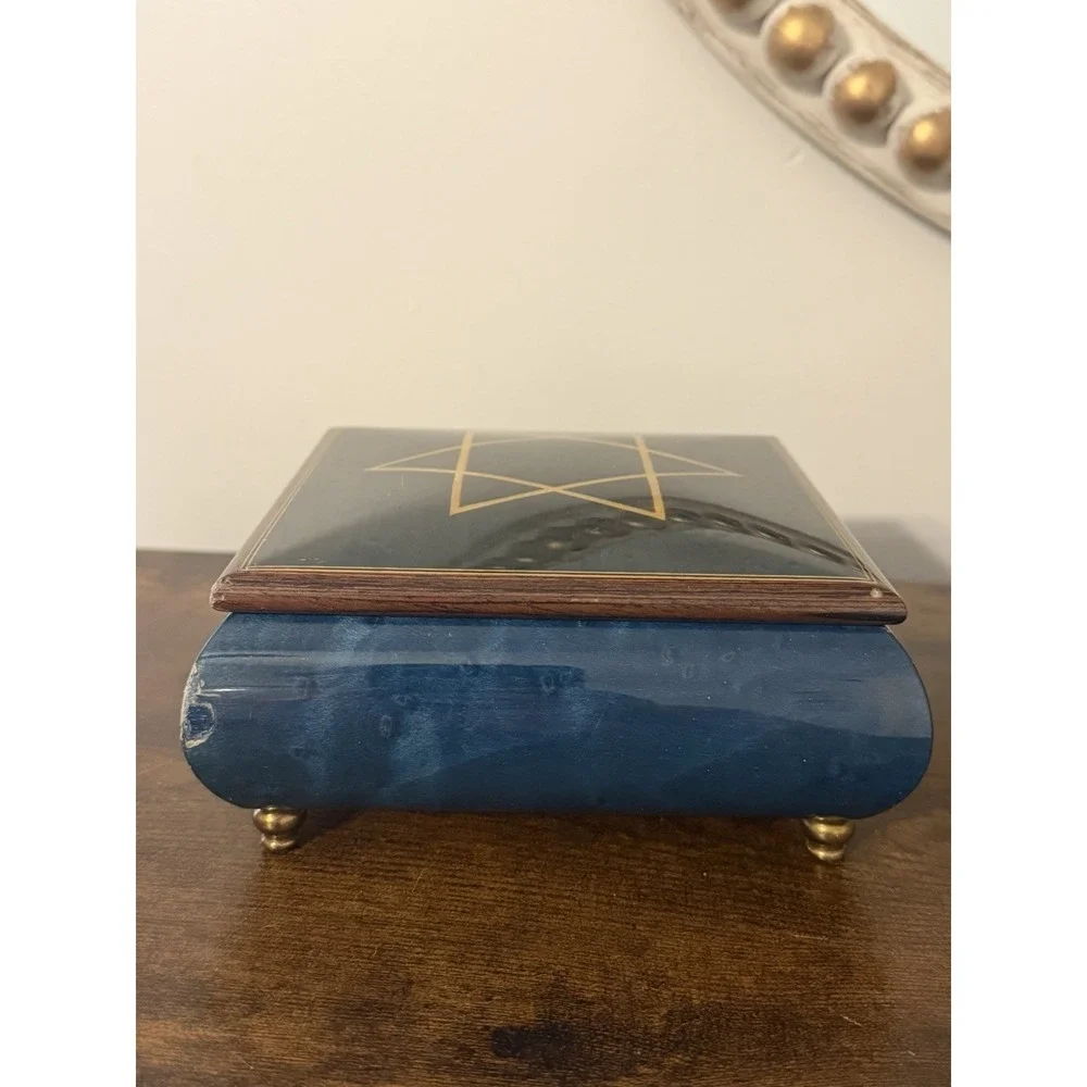 Vintage Star of David Musical Jewelry Box Key Reuge Lever Blue Wood Locking